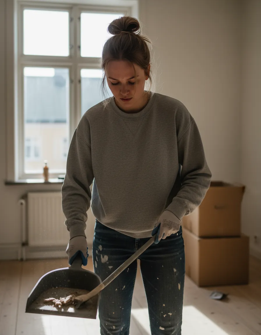 En hyresgäst sopar golvet i en tom lägenhet, med flyttkartonger bakom sig