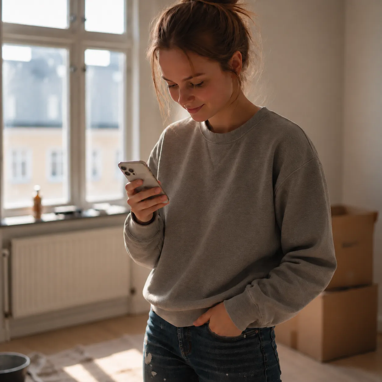 A tenant checking her phone in an empty apartment, moving boxes beside her